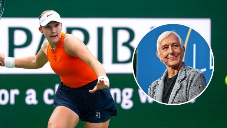 Mirra Andreeva in action against Elina Svitolina of Ukrainein the quarter-final on Day 9 of the BNP Paribas Open at Indian Wells Tennis Garden. Ins...