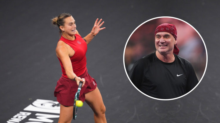Aryna Sabalenka of Belarus plays a forehand against Naomi Osaka of Japan in their match during the MGM Rewards Slam at Michelob ULTRA Arena on Marc...