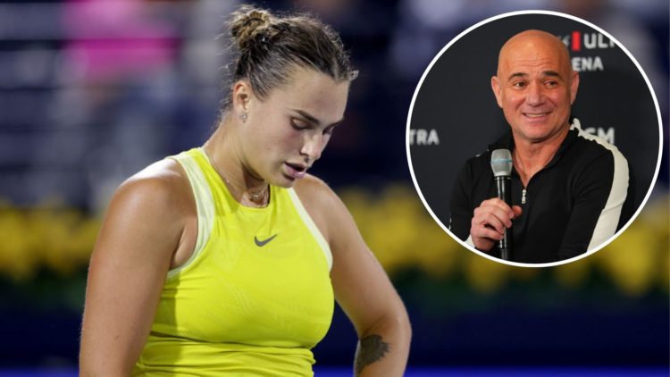 Aryna Sabalenka reacts while playing against Clara Tauson of Denmark in their third round match during day four of the Dubai Duty Free Tennis Champ...
