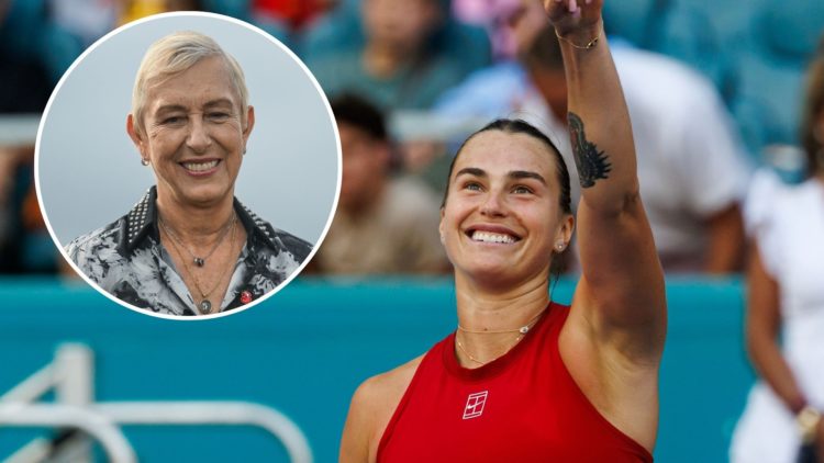 Aryna Sabalenka of Belarus celebrates her victory over Jasmine Paolini of Italy in the semi-finals of the women's singles at the Miami Open with an...