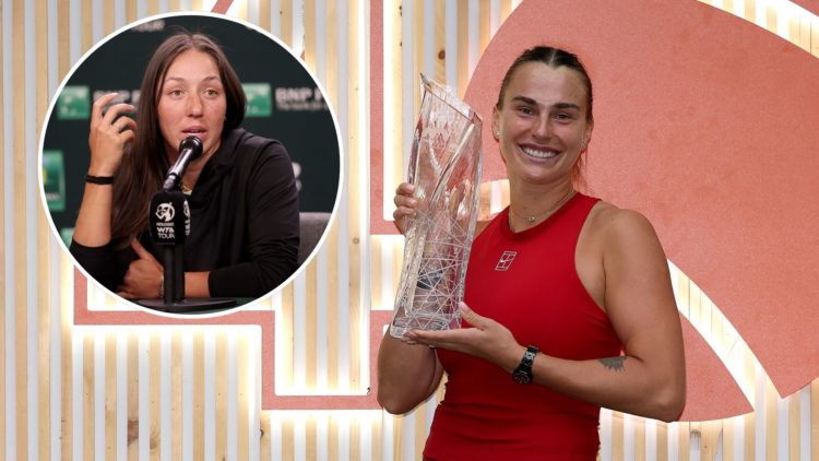 Aryna Sabalenka pose with the Butch Buchholz Trophy after defeating Jessica Peegula of the United States during the women's singles final of the Mi...