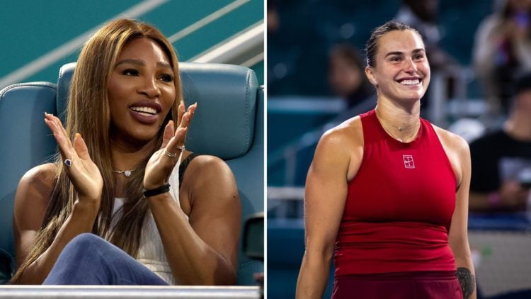 Split image of Serena Williams watches Novak Djokovic of Serbia play Lorenzo Musetti of Italy during the Miami Open and Aryna Sabalenka celebrates ...
