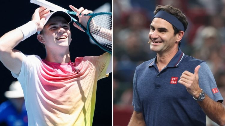 Split image as Switzerland's Henry Bernet celebrates after his victory against USA's Benjamin Willwerth, and former ATP player Roger Federer attend...