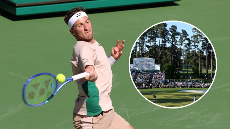 Casper Ruud (NOR) hits a forehand during the BNP Paribas Open on March 7, 2025 at Indian Wells Tennis Garden in Indian Wells, CA with an inset of 1...