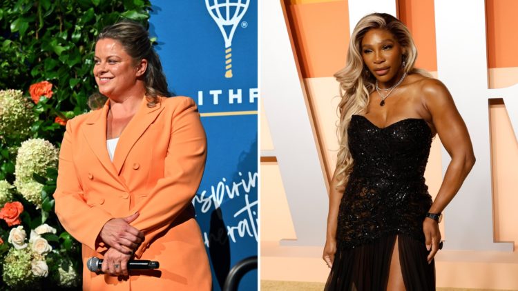 Split image of Kim Clijsters speaks onstage during the annual Legends Ball presented by BNP Paribas and NetJets, benefitting the International Tenn...
