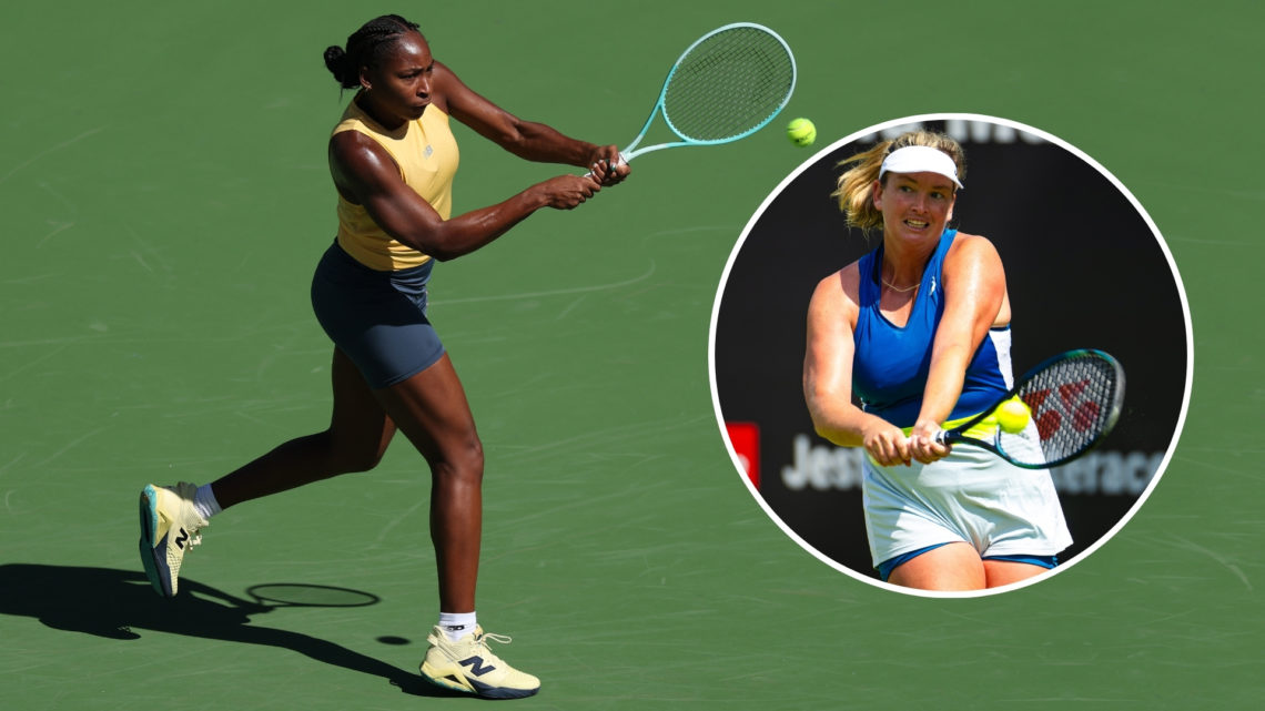 Coco Gauff of the United States plays a backhand during a practice session with Elena Rybakina of Kazakhstan at Indian Wells Tennis Garden on March...