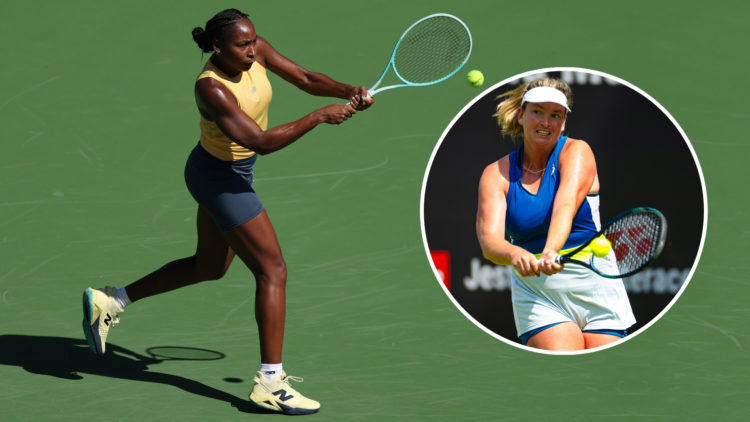 Coco Gauff of the United States plays a backhand during a practice session with Elena Rybakina of Kazakhstan at Indian Wells Tennis Garden on March...