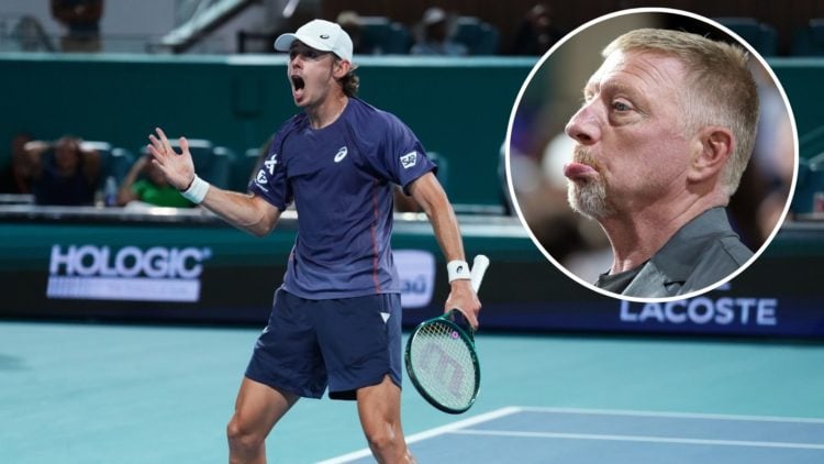 Alex de Minaur of Australia reacts after defeating Joao Fonseca of Brazil during their match on day 7 of the Miami Open at Hard Rock Stadium with a...