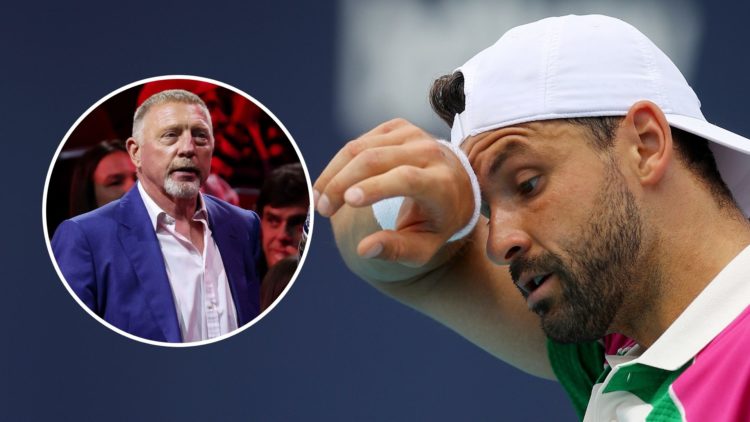 Image of Grigor Dimitrov of Bulgaria reacts after a point during his match against Karen Khachanov with an inset of Boris Becker