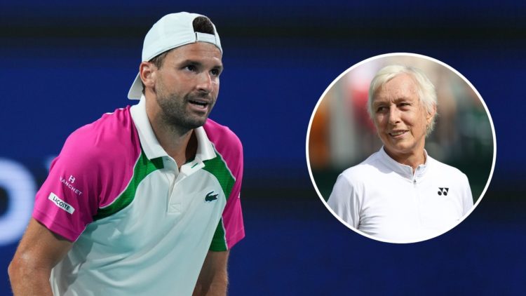 Grigor Dimitrov of Bulgaria reacts after defeating Francisco Cerundolo of Argentina on Day 9 of the Miami Open. Inset, Martina Navratilova.