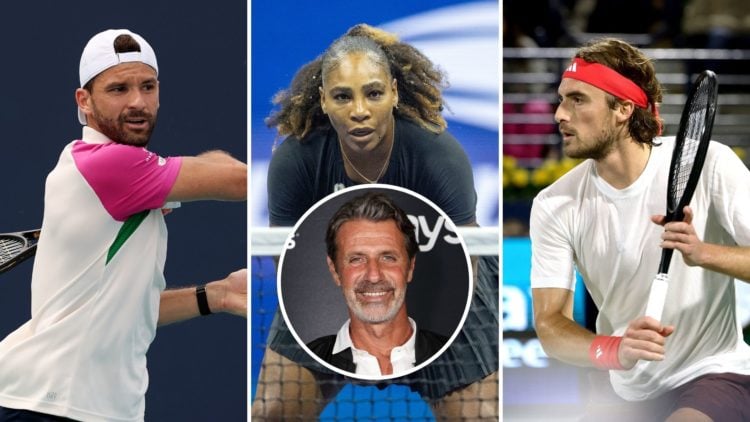 Three way split image (left to right) of Grigor Dimitrov, Serena Williams, and Stefanos Tsitsipas. Inset, Patrick Mouratoglou.