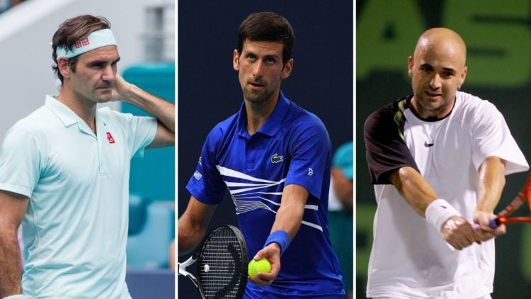 Split image of Novak Djokovic, Andre Agassi, and Roger Federer, all at the Miami Open.