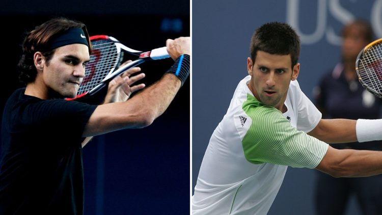 Split images of Novak Djokovic and Roger Federer both playing in 2008
