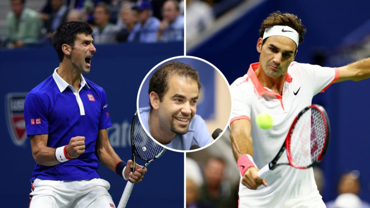 Split image of Novak Djokovic of Serbia reacts after winning a game against Roger Federer of Switzerland during their 2015 US Open Men's singles fi...