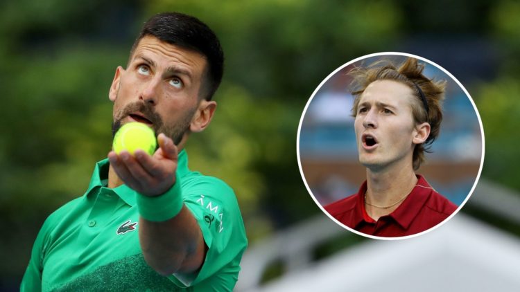 Novak Djokovic of Serbia serves against Camilo Ugo Carabelli of Argentina during Day 6 of the Miami Open. Inset, Sebastian Korda.