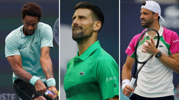 Split image of Novak Djokovic of Serbia looks on during his match against Lorenzo Musetti, Gael Monfils (FRA) in action during in a match against S...