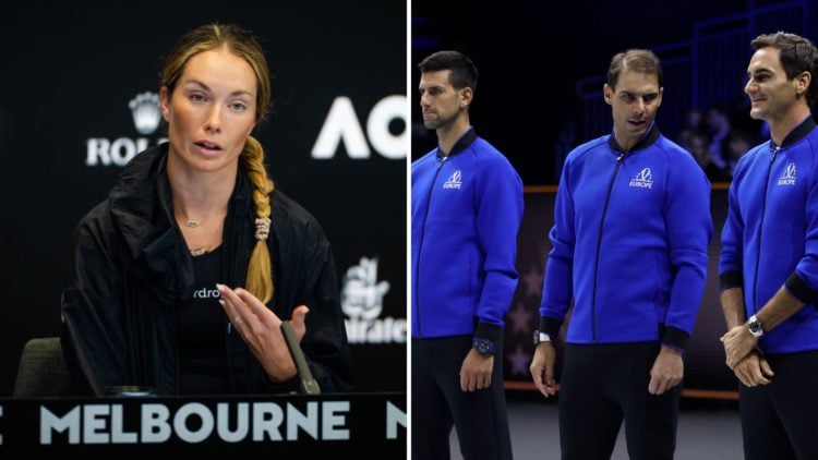 Split image of Danielle Collins of the United States talks to the media ahead of the 2023 Australian Open and Novak Djokovic, Rafael Nadal and Roge...