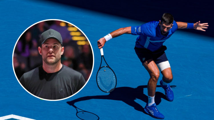 Novak Djokovic of Serbia plays a backhand against Alexander Zverev of Germany during the Men's Singles Semi-final during day 13 of the 2025 Austral...