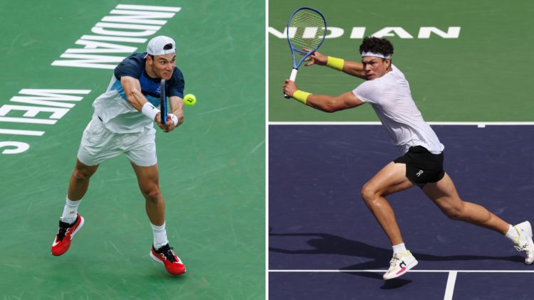 Split image of Jack Draper of Great Britain hits a backhand against Taylor Fritz of the United States in the fourth round of the men's singles in t...