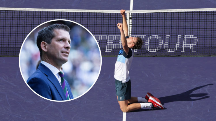 Draper (GBR) celebrates after winning the Men's Singles Final of the BNP Paribas Open on March 16, 2025 at Indian Wells Tennis Garden in Indian Wel...