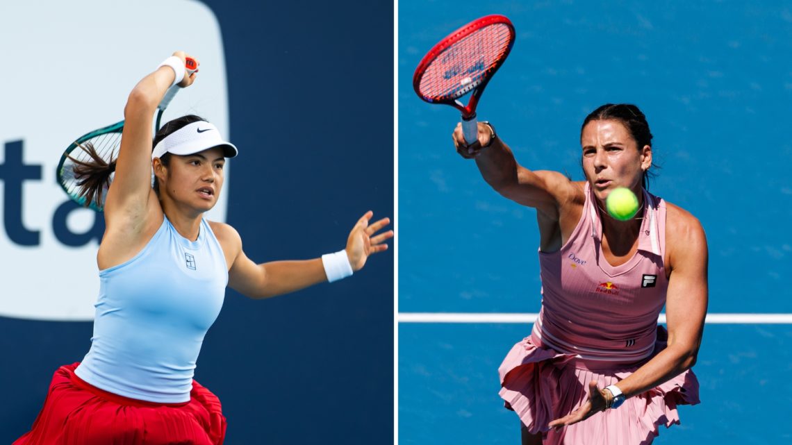 Split image of Emma Raducanu of Great Britain in action against McCartney Kessler of the United States in the third round on Day 6 of the Miami Ope...