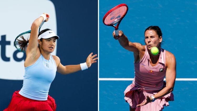 Split image of Emma Raducanu of Great Britain in action against McCartney Kessler of the United States in the third round on Day 6 of the Miami Ope...