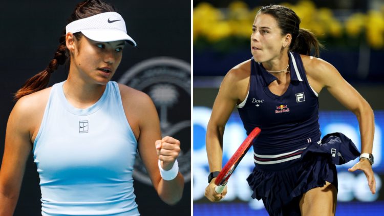 Split image of Emma Raducanu of Great Britain celebrates during her match against Sayaka Ishii of Japan in the first round of the Miami Open and Em...