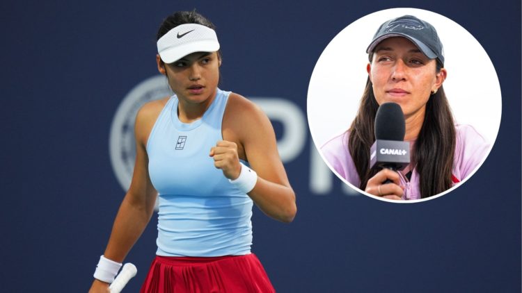 Emma Raducanu of Great Britain reacts against McCartney Kessler of the United States during their match on day 6 at Hard Rock Stadium with an inset...