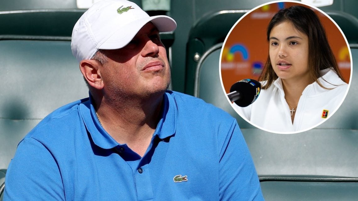Vladimir Platenik watches as Emma Raducanu of Great Britain plays Moyuka Uchijima of Japan during the BNP Paribas Open at Indian Wells Tennis Garde...