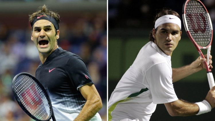 Roger Federer of Switzerland in action vs. James Blake of the United States during the Nasdaq-100 Open at the Tennis Center, and Roger Federer of S...