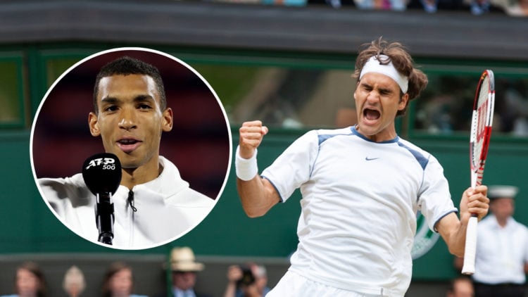 Roger Federer of Switzerland reacts after winning the Men's semi final against Lleyton Hewitt of Australia at The Wimbledon Lawn Tennis Championshi...