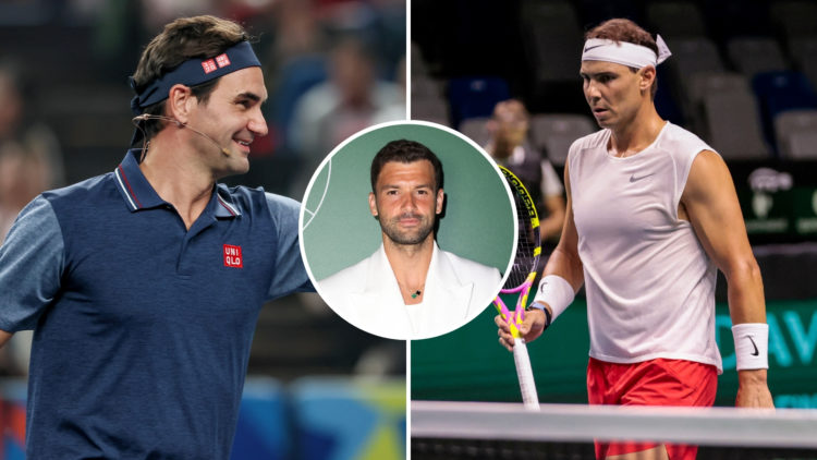 Split image of Roger Federer reacts during fans day on Day 12 of 2024 Shanghai Rolex Masters at Qi Zhong Tennis Centre on October 11, 2024 in Shang...
