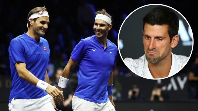 Roger Federer and Rafael Nadal of Team Europe interact during the doubles match with Jack Sock and Frances Tiafoe of Team World during Day One of t...