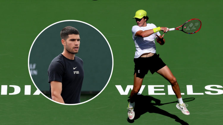 Joao Fonseca of Brazil returns a shot to Jacob Fearnley of Great Britain during the BNP Paribas Open at Indian Wells Tennis Garden on March 06, 202...