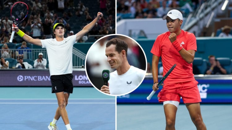 Split image of Joao Fonseca of Brazil celebrates defeating Learner Tien of the United States during their match on Day 3 at Hard Rock Stadium on Ma...