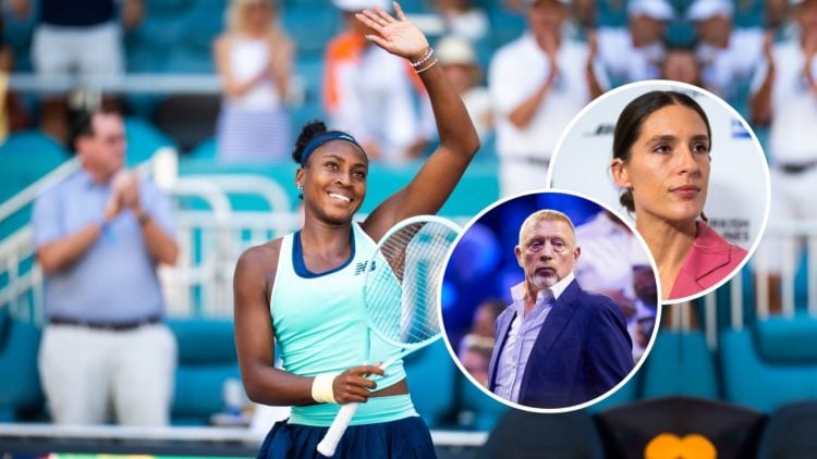 Image of Coco Gauff of the United States celebrates defeating Sofia Kenin of the United States in the second round on Day 3 of the Miami Open with ...