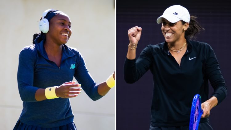 Split image of Coco Gauff of the United States warms up before playing against Belinda Bencic of Switzerland in the women's singles fourth round on...