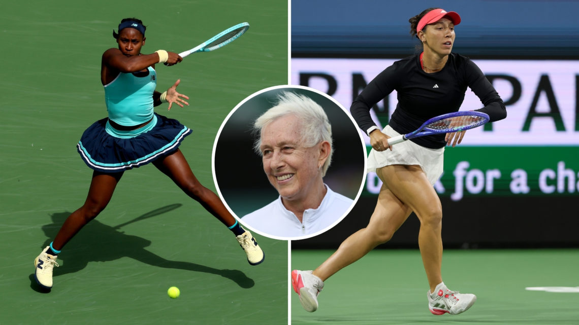 Split image of Coco Gauff returns a shot to Belinda Bencic of Switzerland during the BNP Paribas Open at Indian Wells Tennis Garden on March 12, 20...