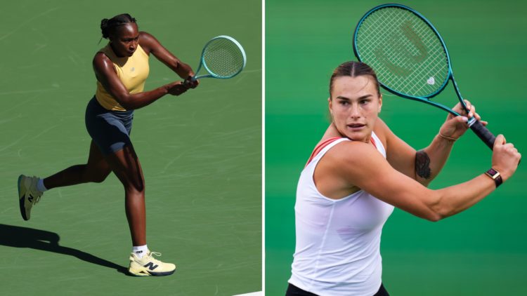 Split image of Coco Gauff of the United States plays a backhand during a practice session with Elena Rybakina of Kazakhstan at Indian Wells Tennis ...