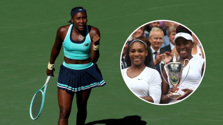 Coco Gauff of the United States plays at Indian Wells 2025, inset of Serena and Venus Williams of the United States posing with the 2016 Wimbledon ...