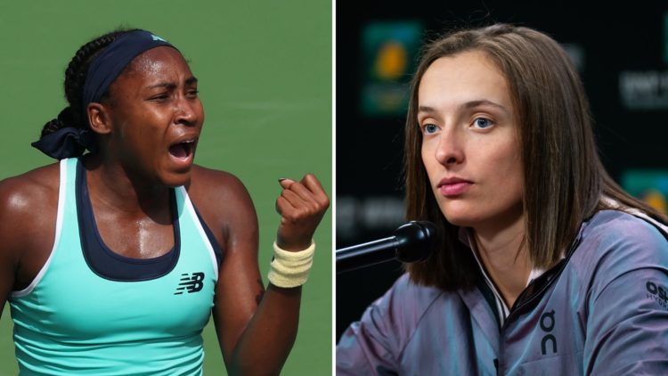 Coco Gauff (left) celebrates winning a point at the WTA Indian Wells Open. Iga Swiatek (right) speaks to the media during a press conference