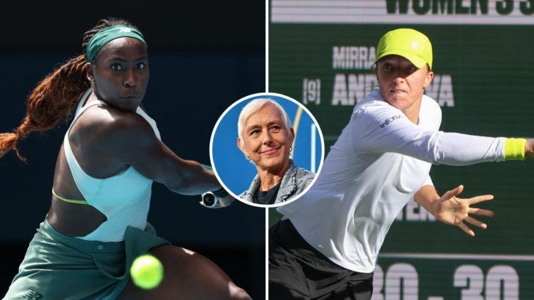 Split image of Coco Gauff and Iga Swiatek, both in action on court. Inset, Martina Navratilova.