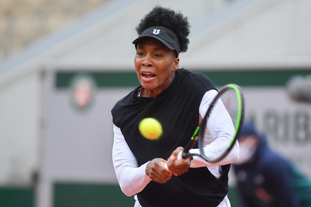 Venus Williams hits a backhand at the 2020 French Open