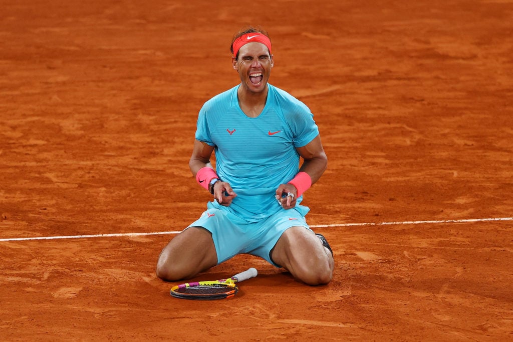 Rafael Nadal celebrates winning the 2020 French Open.