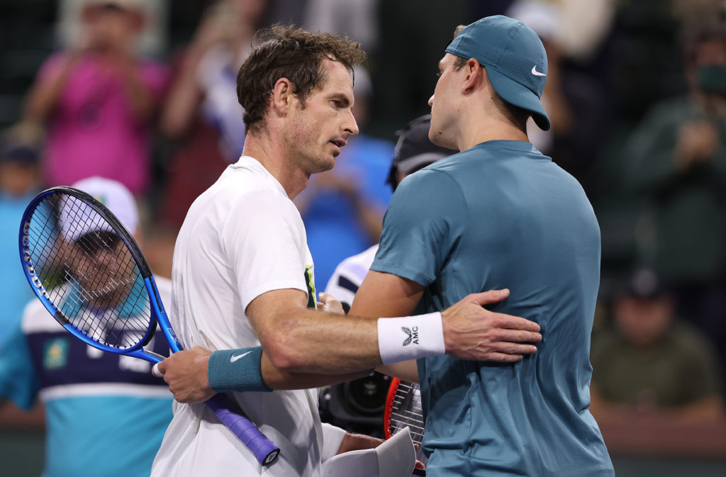 Jack Draper embraces Andy Murray after beating him at Indian Wells in 2023.