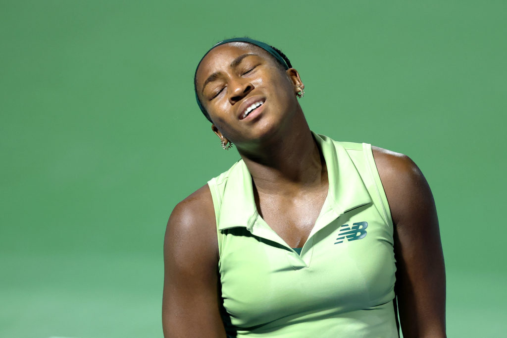 Coco Gauff reacts during the 2025 Dubai Tennis Championships
