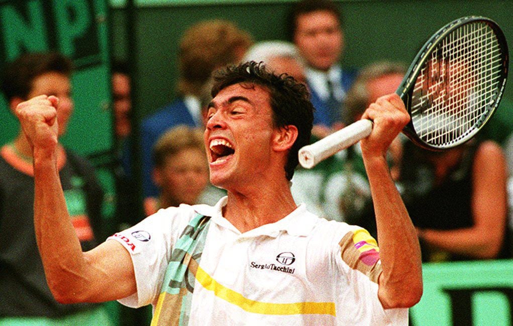 Spanish tennis player Sergi Bruguera rejoices afte