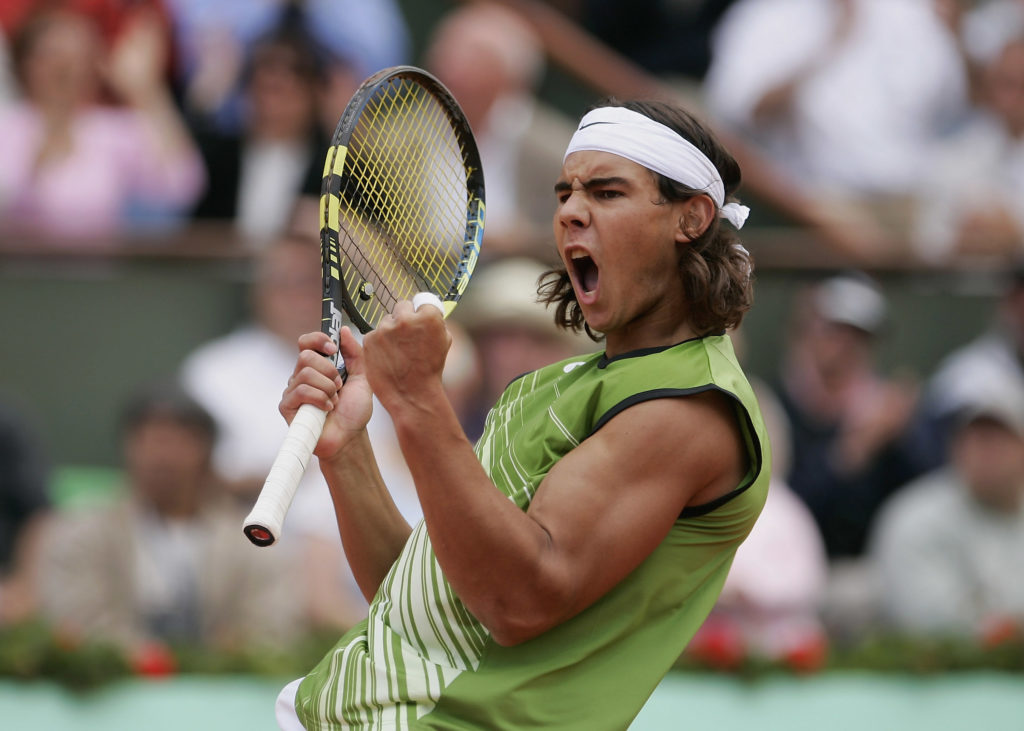 Rafael Nadal celebrates winning a point at the 2005 French Open