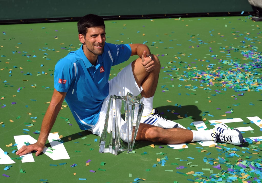Djokovic poses with the 2016 Indian Wells Open trophy.