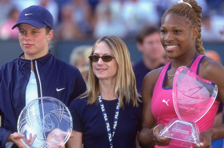 17 Mar 2001:  Serena Williams poses with her trophy and Kim Clijsters and Actress Holy Hunter during the Tennis Master Series at the Indian Wells T...